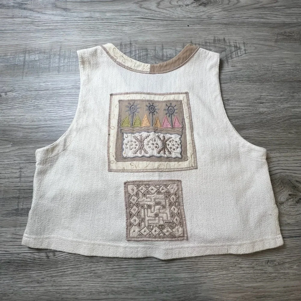 Surya Vest Womens Small Cream Boho Embroidered Patchwork Y2K Artsy Button Front - Picture 4 of 8